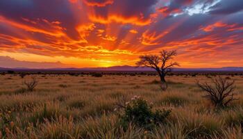a wide savanna under a fiery sunset sky. photo