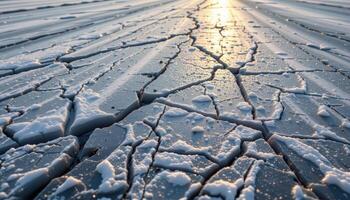a frozen river with cracked icy patterns. photo