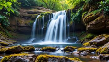 a serene waterfall cascading over mossy rocks. photo