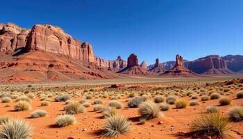 a desert landscape with towering rock formations. photo
