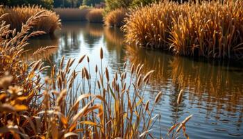 a calm river surrounded by golden reeds. photo