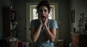 Young woman with a terrified expression, screaming with hands on her face in a dimly lit room. photo