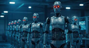 A row of advanced humanoid robots with glowing red eyes in a futuristic industrial setting photo
