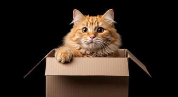 Fluffy orange cat with curious eyes peeking from a cardboard box on a black background photo