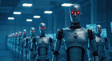 Row of metallic humanoid robots with glowing red eyes in a futuristic factory setting photo