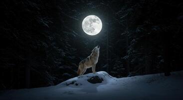Wolf Howling at Full Moon in Snowy Forest at Night, Majestic Winter Wilderness Scene photo