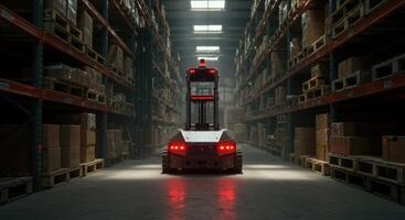 Autonomous robot navigating a modern industrial warehouse with shelves of boxes and pallets photo
