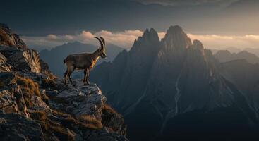 Majestic Ibex Standing on a Rocky Mountain Peak at Sunset with Dramatic Sky and Alpine Landscape photo