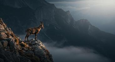Majestic ibex stands on a rugged mountain peak overlooking a misty alpine landscape photo