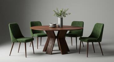Modern round wooden dining table with four green upholstered chairs and decorative elements. photo
