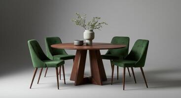 Modern round wooden dining table with green velvet chairs and minimalist decor in a studio setting. photo
