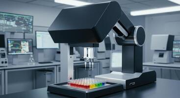 Robotic arm conducting automated liquid handling in a modern high tech science laboratory photo