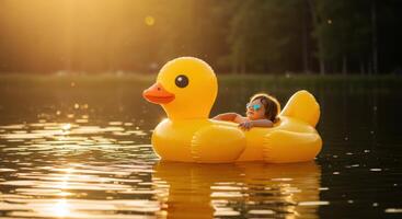 Child in Sunglasses Relaxing on a Giant Yellow Inflatable Duck Float in a Lake at Sunset photo