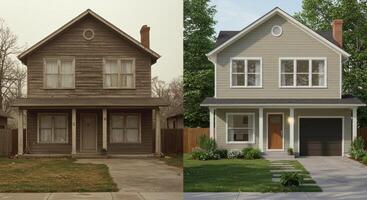 Before and after comparison of a house renovation, showcasing a dramatic home transformation. photo