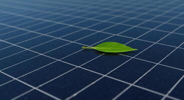 Green Leaf on Solar Panel Symbolizing Renewable Energy and Environmental Sustainability photo