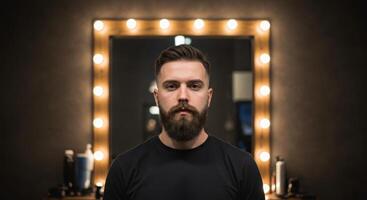 Confident bearded man with modern haircut standing in front of a lighted barbershop mirror. photo
