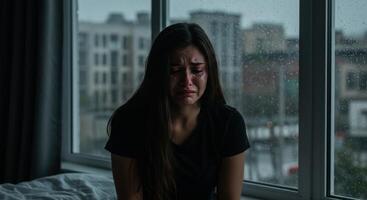 A distressed young woman crying by a window on a dark, rainy day in the city. photo