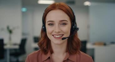 Smiling Red Haired Woman with Headset Providing Customer Service in a Modern Office Environment photo