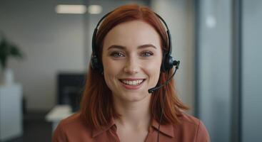 Friendly red haired woman wearing a headset, smiling while providing customer support in an office. photo