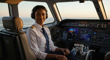 Smiling young Black female pilot in uniform sitting in an airplane cockpit with controls and sky view. photo