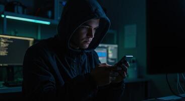 Young person in a dark hoodie using a smartphone in a dimly lit room with computer screens. photo