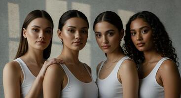 Diverse Group of Young Women in White Tank Tops Showcasing Natural Beauty and Unity photo