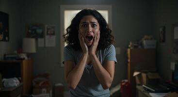 Young Woman Screaming in Terror with Hands on Face in a Dimly Lit Room photo