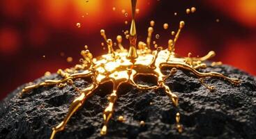 Molten gold splashing onto a dark textured rock surface with a warm glowing background photo