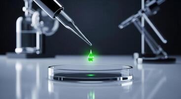 Precise green liquid drop from a pipette into a petri dish in a modern science laboratory. photo