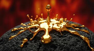Dynamic splash of molten gold liquid on a dark textured surface with a fiery red background photo