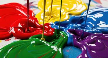 Vibrant liquid paint in primary and secondary colors pouring and mixing to create an abstract design. photo