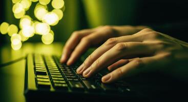 Close up of hands typing on a computer keyboard in a dimly lit room with blurred yellow bokeh lights photo