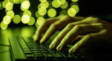 Hands typing on a laptop keyboard with green bokeh lights, representing digital work and cybersecurity. photo
