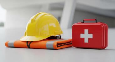 Essential safety equipment including a yellow hard hat, orange vest, and red first aid kit. photo