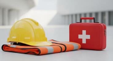 Workplace Safety Gear, Yellow Hard Hat, Orange Vest, and Red First Aid Kit for Construction photo