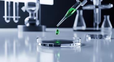 Precise drop of green liquid from a pipette into a petri dish in a modern science laboratory. photo