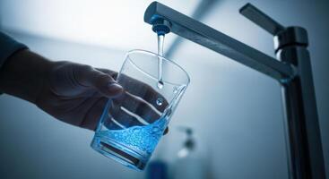 Hand filling a clear glass with fresh, clean drinking water from a modern kitchen faucet photo