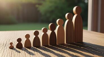 Wooden human figures symbolizing growth, development, and progression through life stages or career. photo