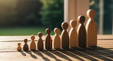 Wooden human figures in increasing size, symbolizing growth, development, and progress photo