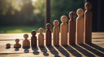 Wooden peg dolls arranged in ascending size, symbolizing growth, development, and life stages. photo
