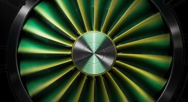 Rapidly Spinning Fan with Green and Yellow Blades and Metallic Hub on Dark Background photo
