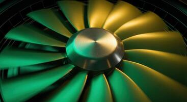 Close up of a spinning fan with green and yellow light creating dynamic motion blur photo