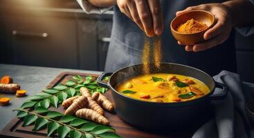 Hands sprinkling turmeric powder into a steaming pot of yellow curry with fresh ingredients. photo