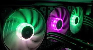 Vibrant RGB computer cooling fans illuminating a high performance gaming PC build photo