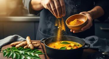Chef adding vibrant turmeric powder to a steaming pot of yellow curry with fresh ingredients photo