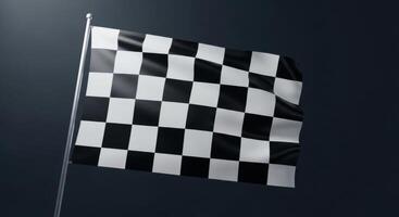 Checkered flag waving on a pole against a dark background, symbolizing racing and victory. photo