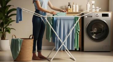 Woman hanging freshly washed clothes on a drying rack in a modern home laundry room with a washing machine photo