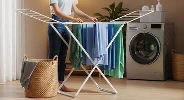 Woman hanging clean clothes on a drying rack in a modern home laundry room photo