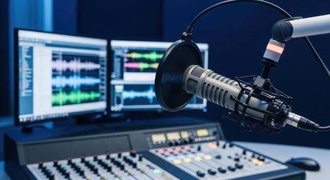 Professional microphone and sound mixer in a modern radio studio with audio waveforms photo