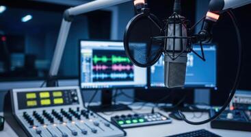 Professional radio studio with microphone, sound mixer, and audio production equipment for broadcast. photo